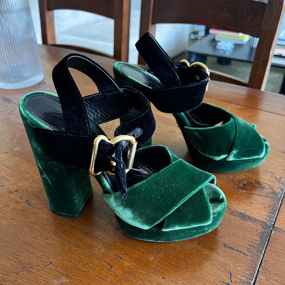 Prada Green Velvet Platform Sandals with Black Straps